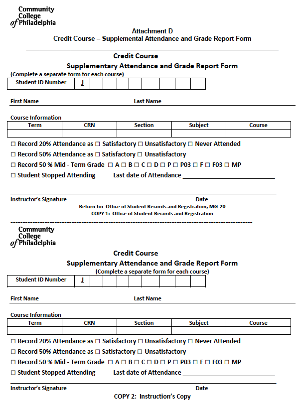 Supplemental Attendance and grade form