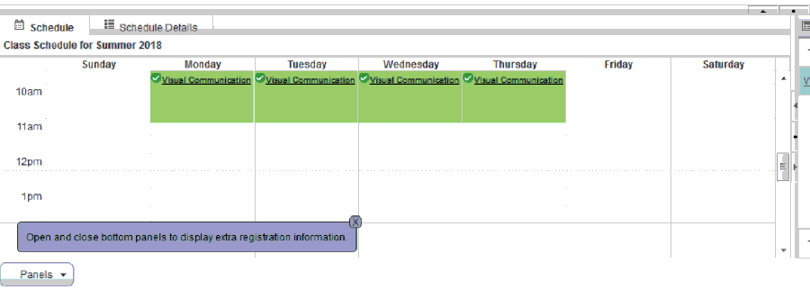 Successfully registered classes will be shown in green on the calendar and summary.