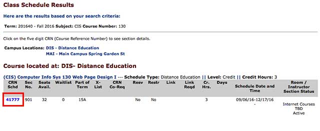 screen grab visual example of course finder results