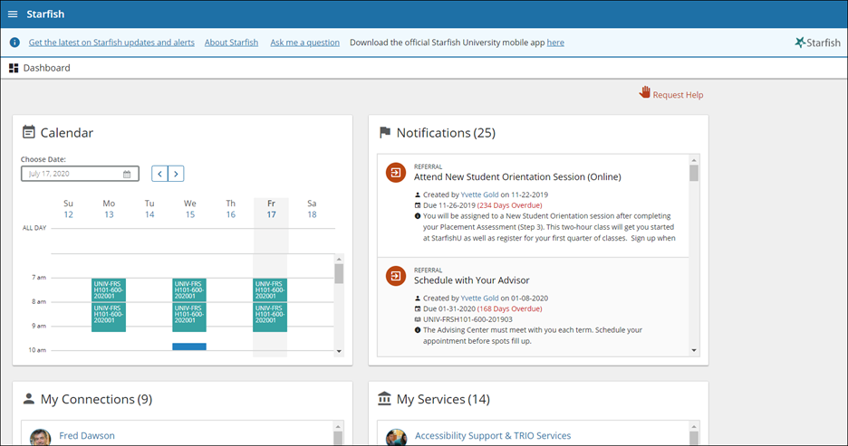 This image shows a dashboard with four boxes. 1) Calendar box shows currently enrolled courses and appointments on a calendar. 2) Notifications displays any alerts (flags) that have been raised for you. 3) Connections displays instructors and others who are a resource to you. 4) My Services lists campus offices that can assist you.