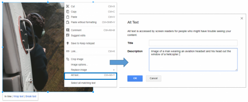 Example screenshot of where to edit the alternate text for images in Google Docs