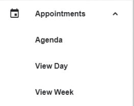 This image shows the following tab headings from top to bottom. Appointments is the main tab and beneath that are tabs for Agenda, View Day and View Week.  Agenda, View Day and View Week can be clicked on to open up different views of the Starfish Connect calendar.