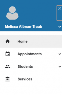  Home, Appointments, Students, Services, and Waiting Room.  These words can be clicked on to open up screens. There is an arrow next to Appointments and next to Students indicating that the arrow can be click on to open up other options. 