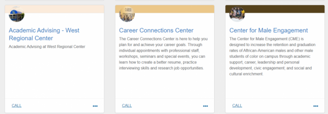 This image shows an example of some of the services available at the College. The image shows Academic Advising West Regional Center, Career Connections Center and Center for Male Engagement.