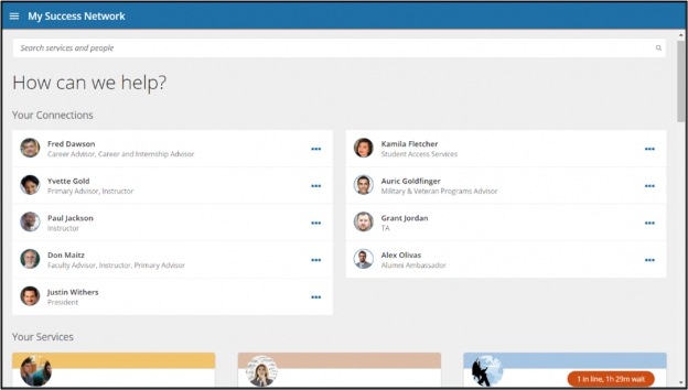 This image has the heading My Success Network at the top.  Below are boxes displaying campus services that allow online appointment scheduling.