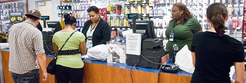 Students purchasing items in the bookstore at Community College of Philadelphia.