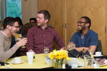 Dual Admissions student featured in Pathways Magazine,Michael Johnson, far right, enjoys breakfast.