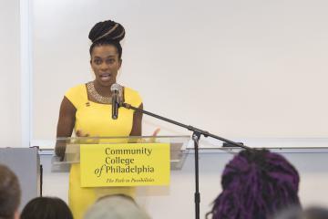 The Executive Director of the City of Philadelphia's Office of LGBT Affairs, Amber Hikes, speaks.