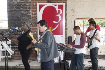 The Community College of Philadelphia band plays.