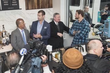 Dr. Generals, Nick Bayer, Mayor Kenney and Chris Long chat before addressing the crowd.