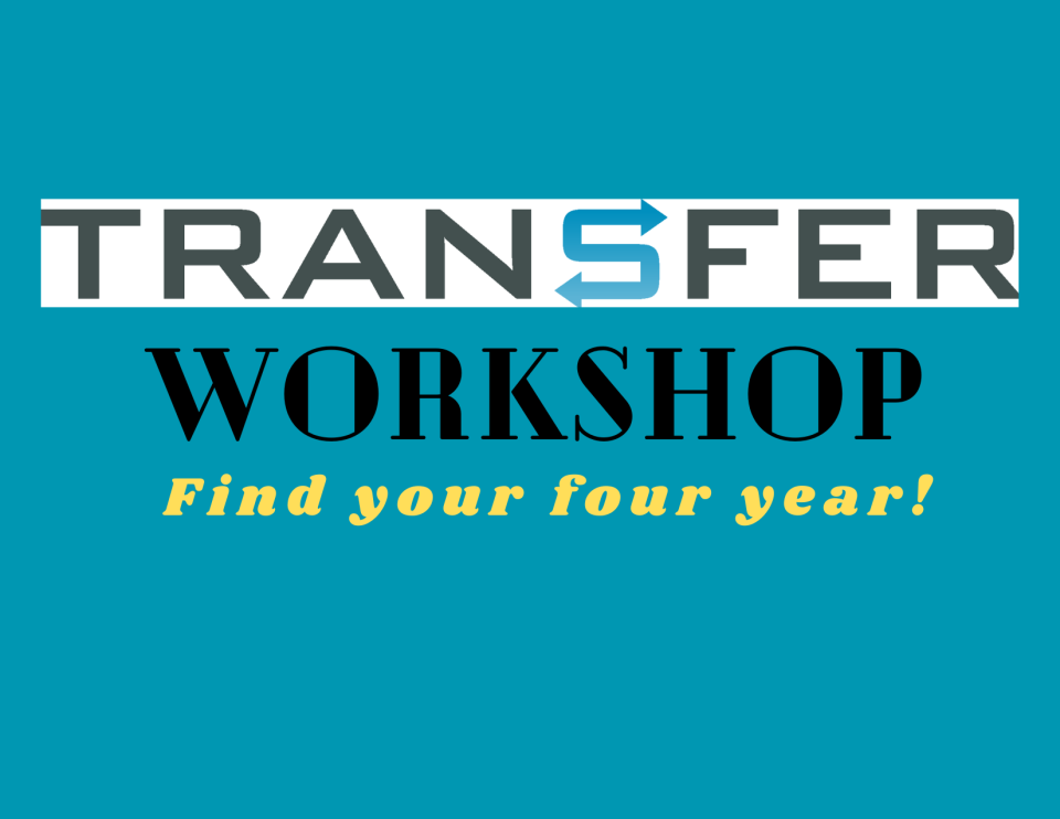 Banner with words Transfer Workshop: Find Your Four Year!