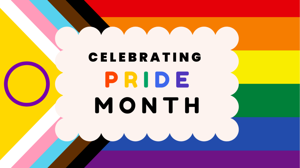 "Celebrating Pride Month" with rainbow flag background