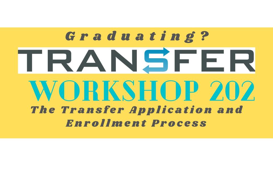 Banner with the words "Graduating? Transfer Workshop 202: The Transfer Application and Enrollment Process".
