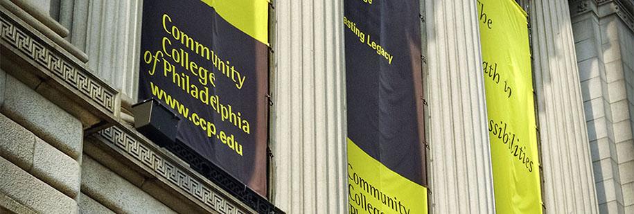 Banners hanging on Front of Mint Building with College logo and www.ccp.edu
