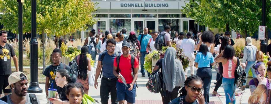 Students crossing campus
