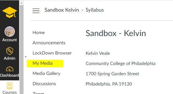 screenshot of the left-hand navigation menu in a sandbox on canva with the "My Media" menu item highlighted. 