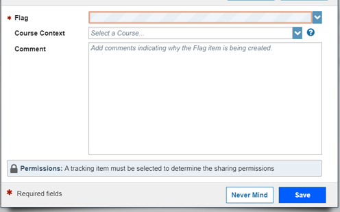 This image displays the Raise Flag Box.  Flag is listed at the top and Course is listed beneath that. Both Flag and Course have a down arrow to the right.  The down area can be clicked for menu choices.  There is comment box  and a Save button shown.