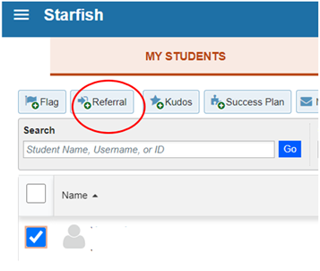 This image displays a checkmark in the box to the left of a student's name. The Referral button is circled in red.