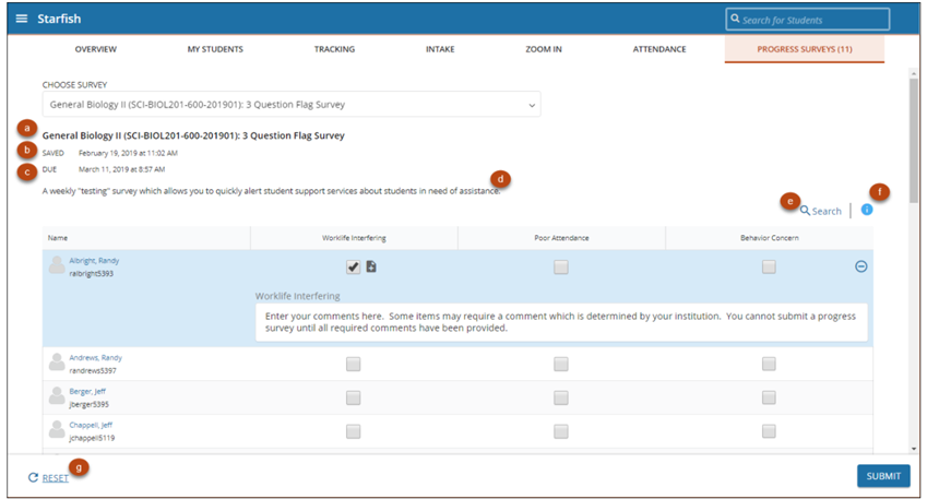 This image displays how a progress survey appears in Starfish.  Student names are listed vertically on the left-hand side of the progress survey. Flag names and Kudo names are listed horizontally.  Boxes are shown underneath each flag and kudo name.  