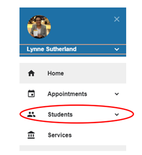 This image displays some of the tabs, if clicked will open up menu options.  The Student Tab is circled in red.