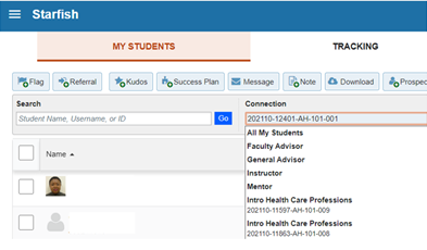 This image displays the options available to faculty when clicking on the arrow to right Connections.  The image also shows the options available to faculty members when clicking on Connections. 