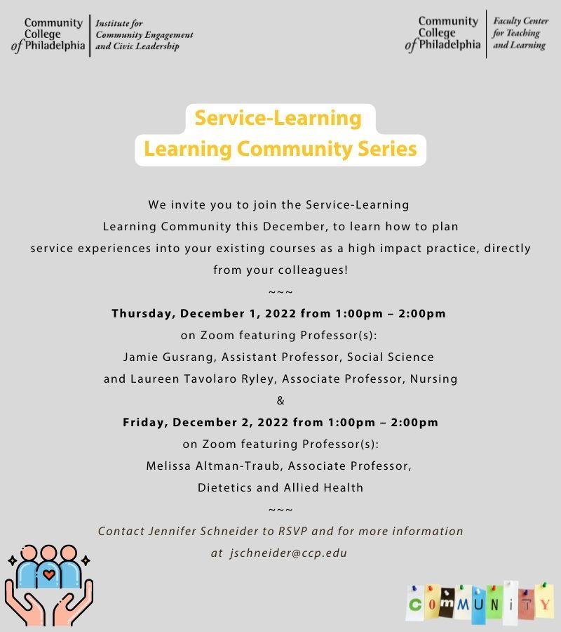Flyer for Service-Learning Learning Community Series in December 2022, with session dates, faculty presenters, and RSVP contact information.