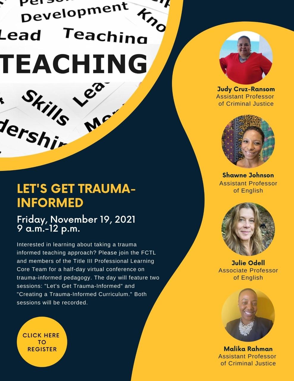 “Flyer for ‘Let’s Get Trauma-Informed’ virtual conference on November 19, 2021, from 9 a.m. to 12 p.m., with speaker lineup and registration information.”